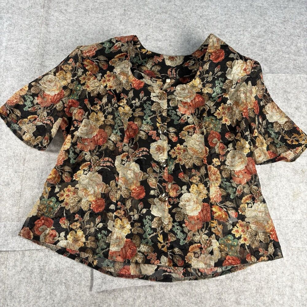 Vintage Floral Brocade Sheer Blouse Top Short Sleeve Black Rose EU 50 Plus Size